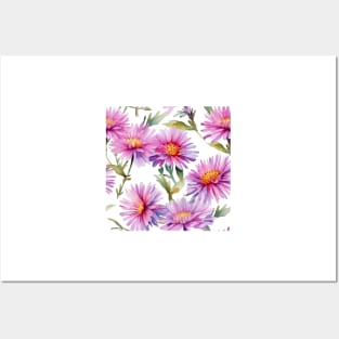 Watercolor Wildflower New England Aster Pattern 2 Posters and Art